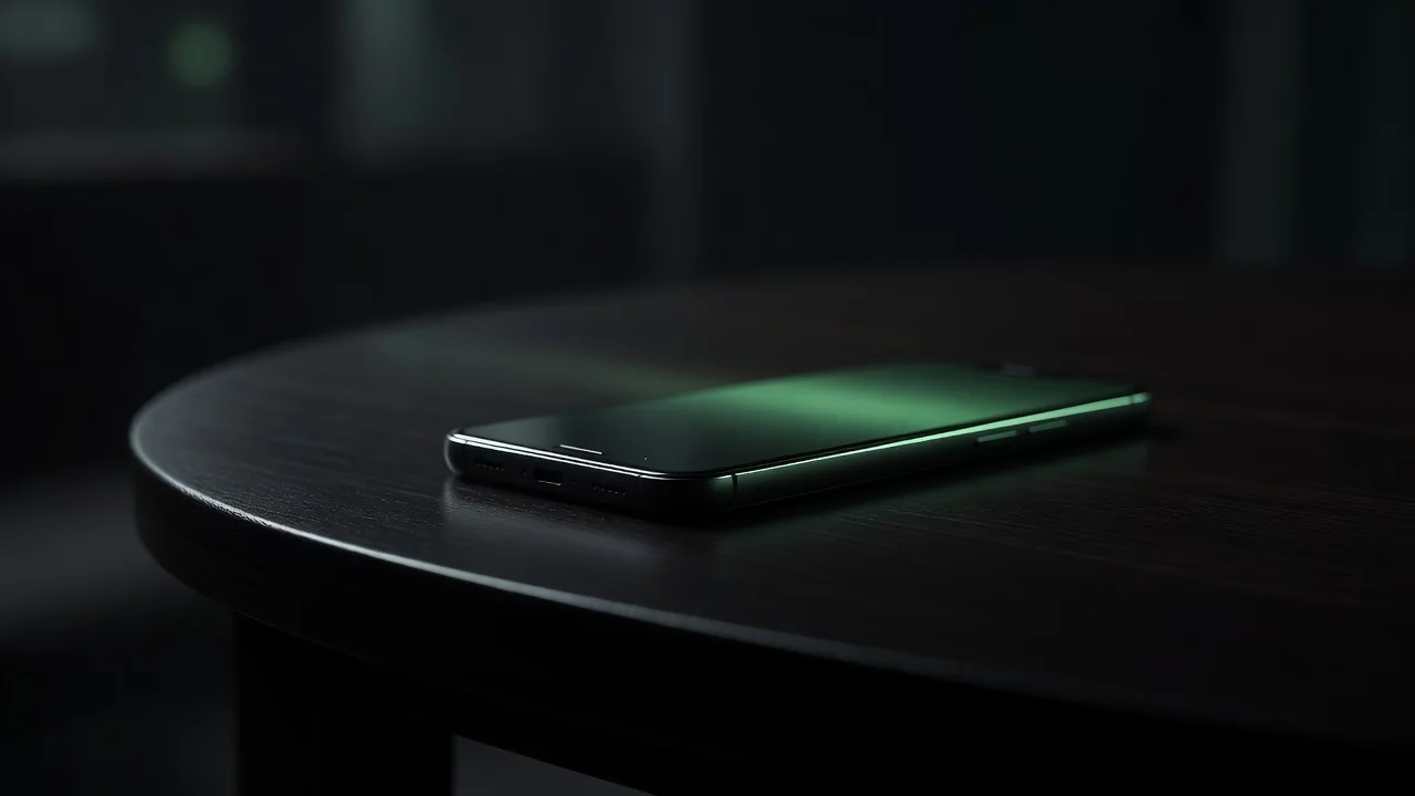 Mobiltelefon zöld világítással a képernyőn sötét asztalon